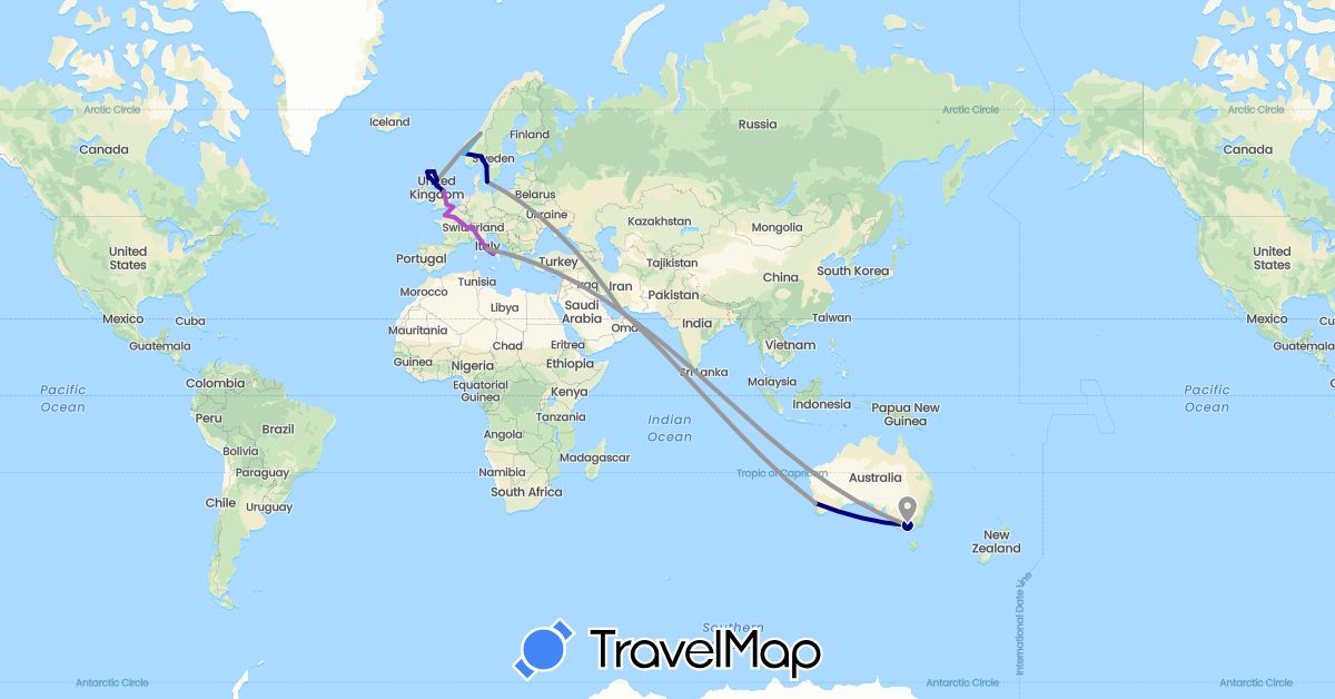 TravelMap itinerary: driving, plane, train, boat in United Arab Emirates, Australia, Switzerland, Denmark, France, United Kingdom, Italy, Norway, Sweden (Asia, Europe, Oceania)